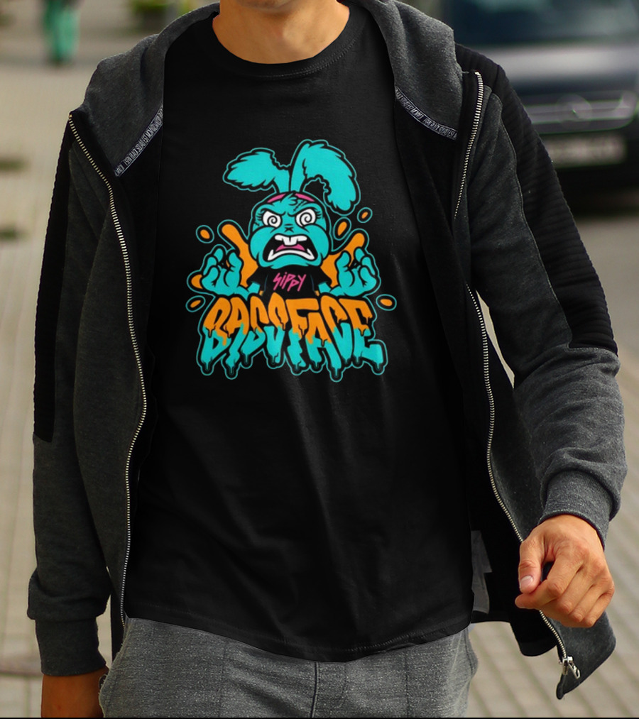 Sippy Bass Face Angry Cartoon Character With Blue And Orange Accents T-Shirt