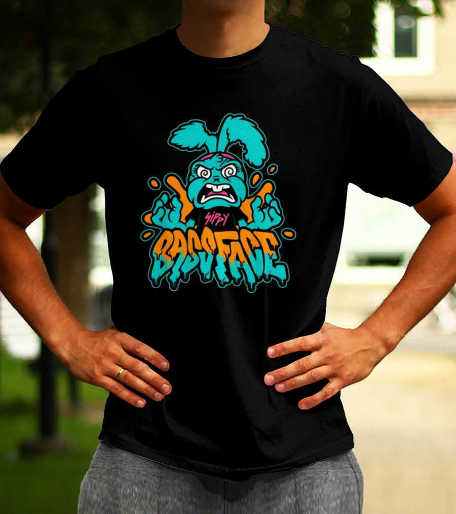 Sippy Bass Face Angry Cartoon Character With Blue And Orange Accents T-Shirt