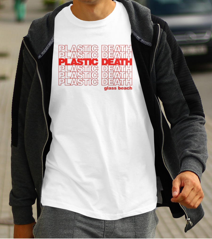 Plastic Death Glass Beach Repeated Text Ringer T-Shirt
