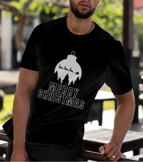 Merry Christmas Ornament Reindeer Sleigh And Trees T-Shirt