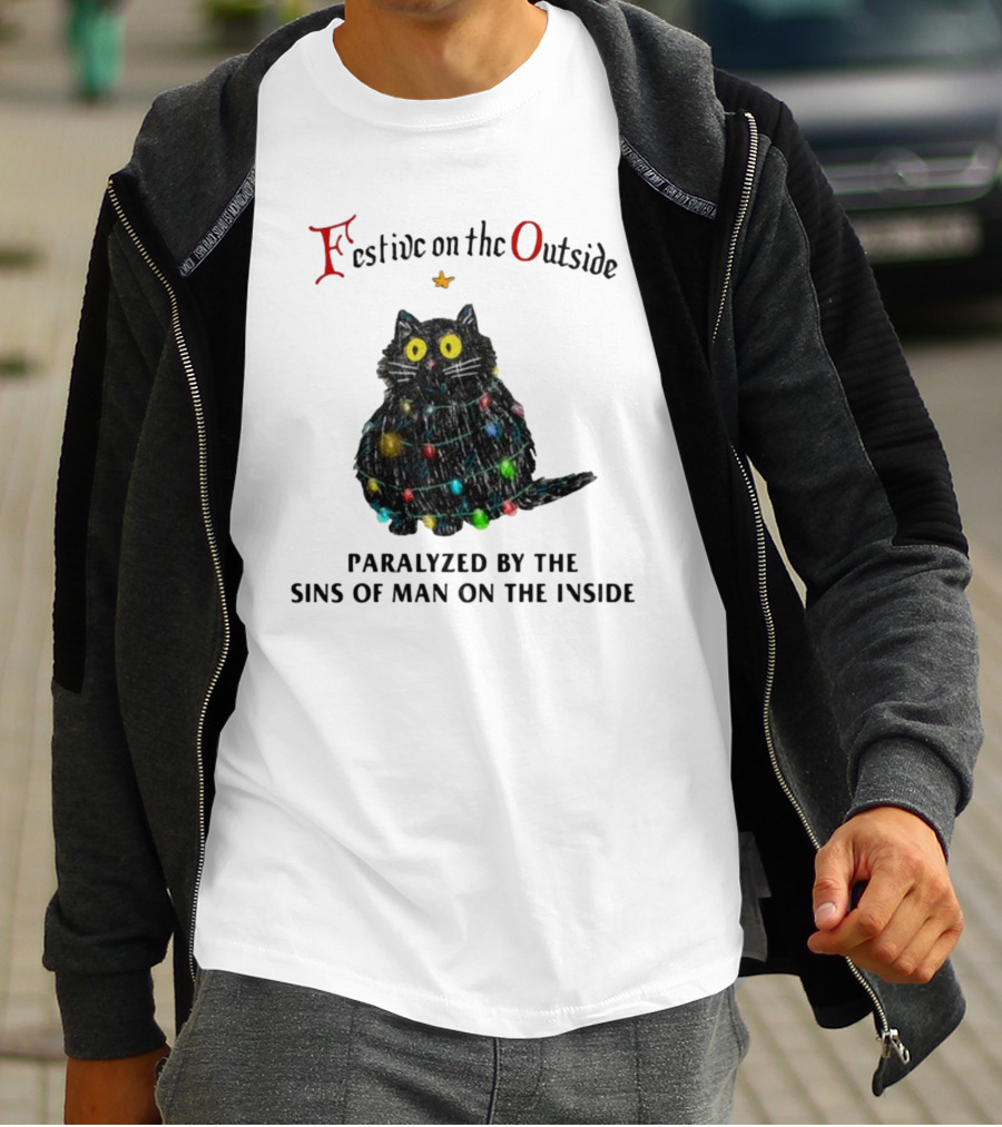 Festive On The Outside Paralyzed By The Sins Of Man On The Inside Cat Wrapped In Christmas Lights T-Shirt