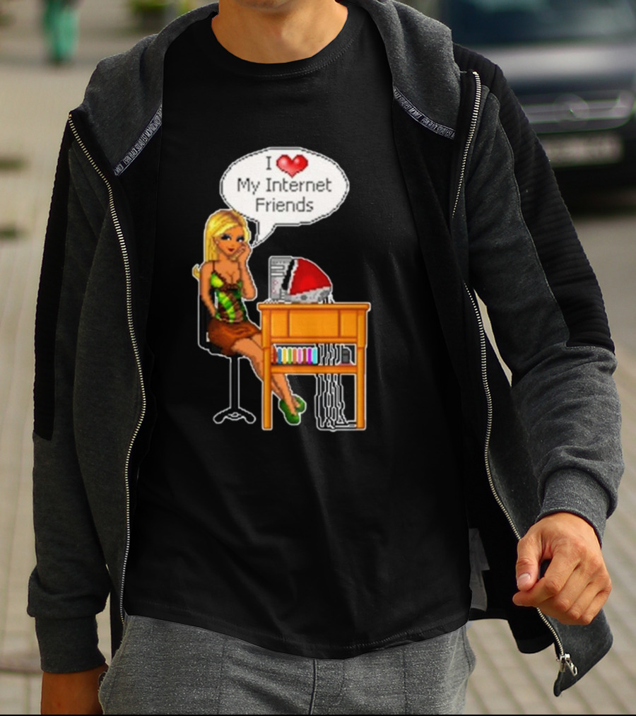 Cherrykitten I Love My Internet Friends Y2K Vintage Blonde Girl At Desk Pixel T-Shirt