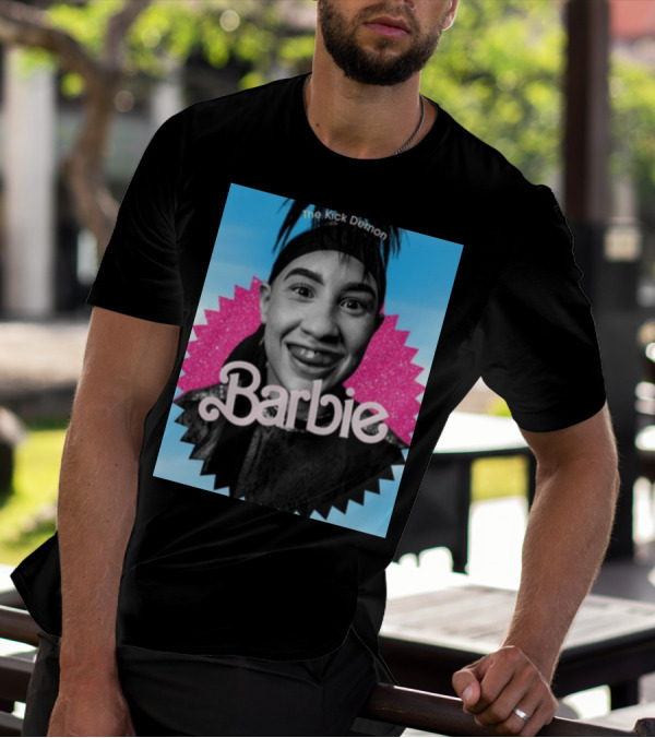 Kick Demon Barbie Smiling Portrait With Pink Starburst Background T-Shirt
