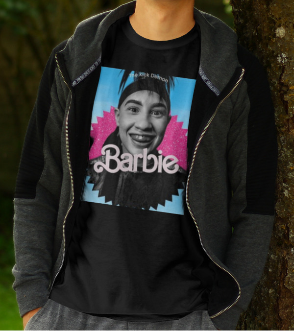 Kick Demon Barbie Smiling Portrait With Pink Starburst Background T-Shirt