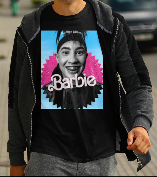 Kick Demon Barbie Smiling Portrait With Pink Starburst Background T-Shirt