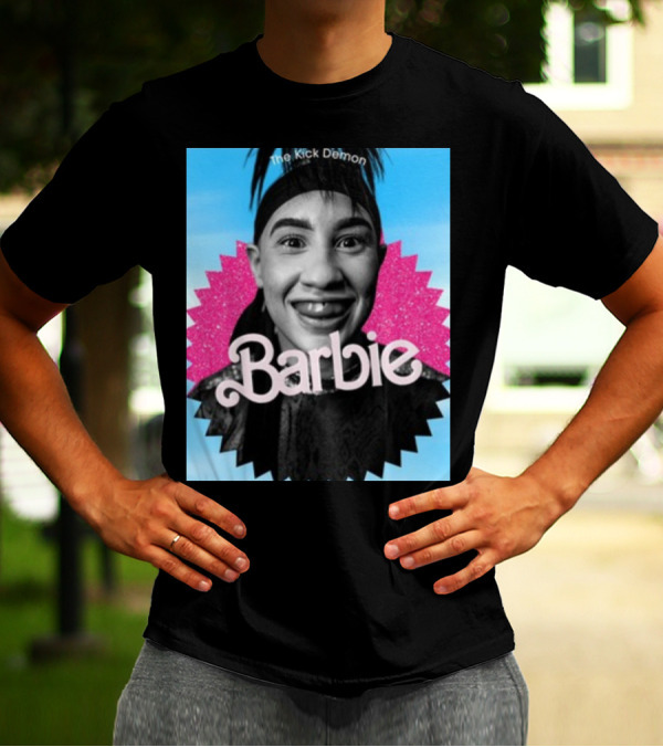 Kick Demon Barbie Smiling Portrait With Pink Starburst Background T-Shirt