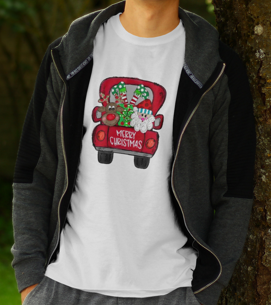 Merry Christmas Santa And Reindeer With Presents In Truck T-Shirt