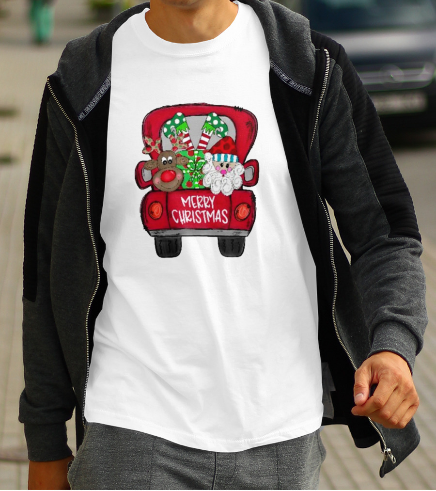 Merry Christmas Santa And Reindeer With Presents In Truck T-Shirt