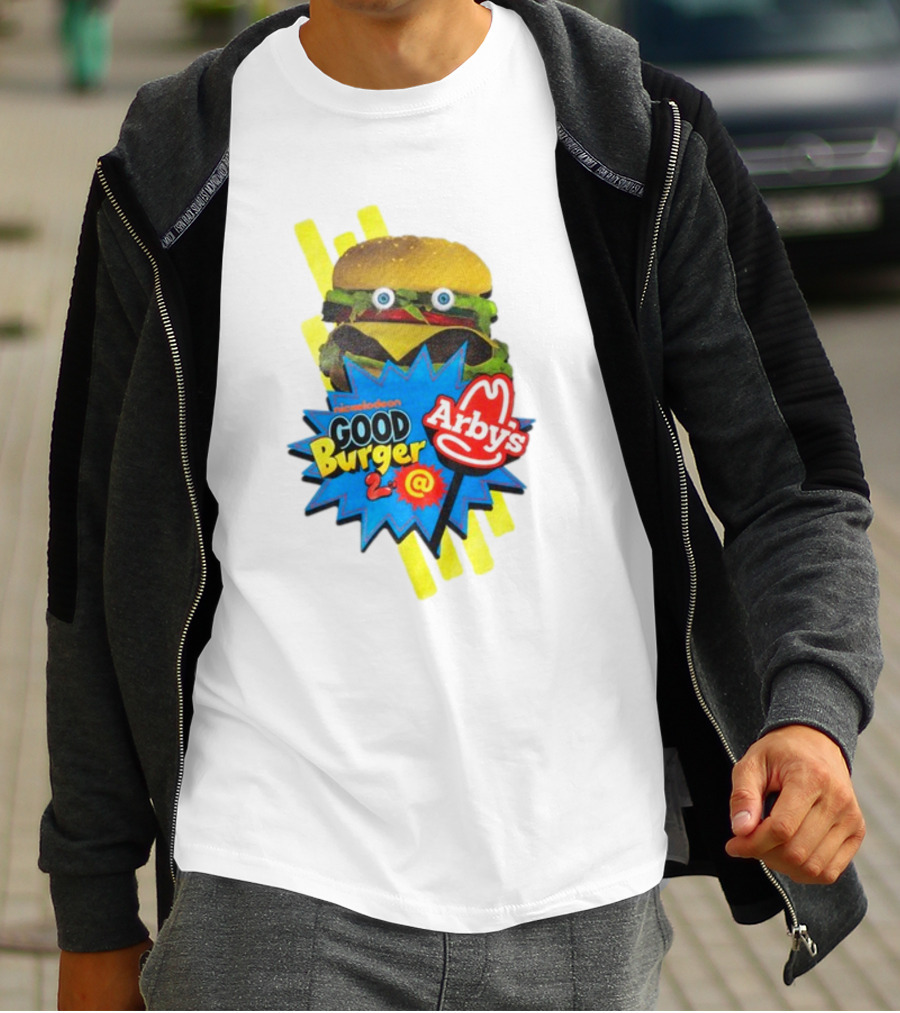Nickelodeon Good Burger 2 Arby's Collaboration Burger With Eyeballs And Red Arby's T-Shirt