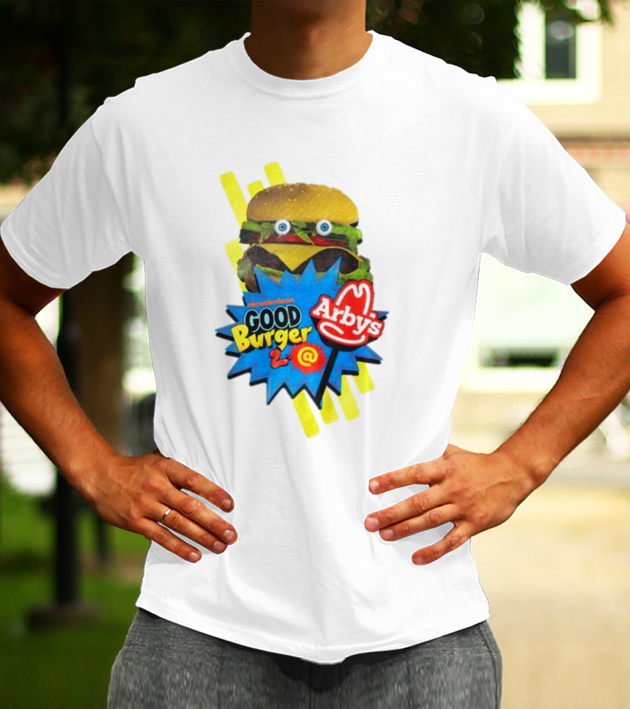 Nickelodeon Good Burger 2 Arby's Collaboration Burger With Eyeballs And Red Arby's T-Shirt