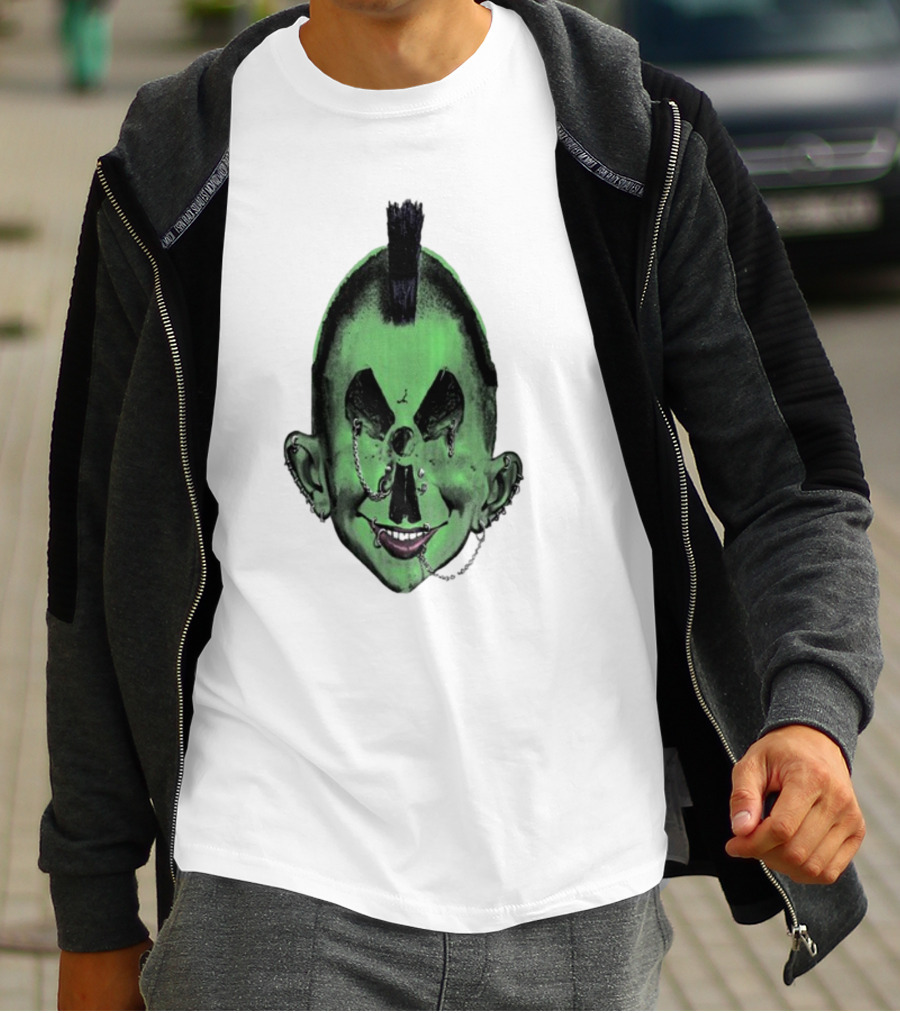 Willy Warhol Green Punk Face Mohawk Piercings T-Shirt