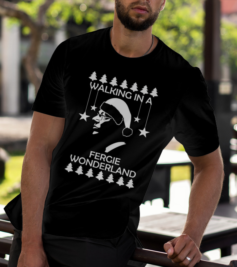 Walking In A Fergie Wonderland Christmas Festive Santa Hat Trees Stars T-Shirt