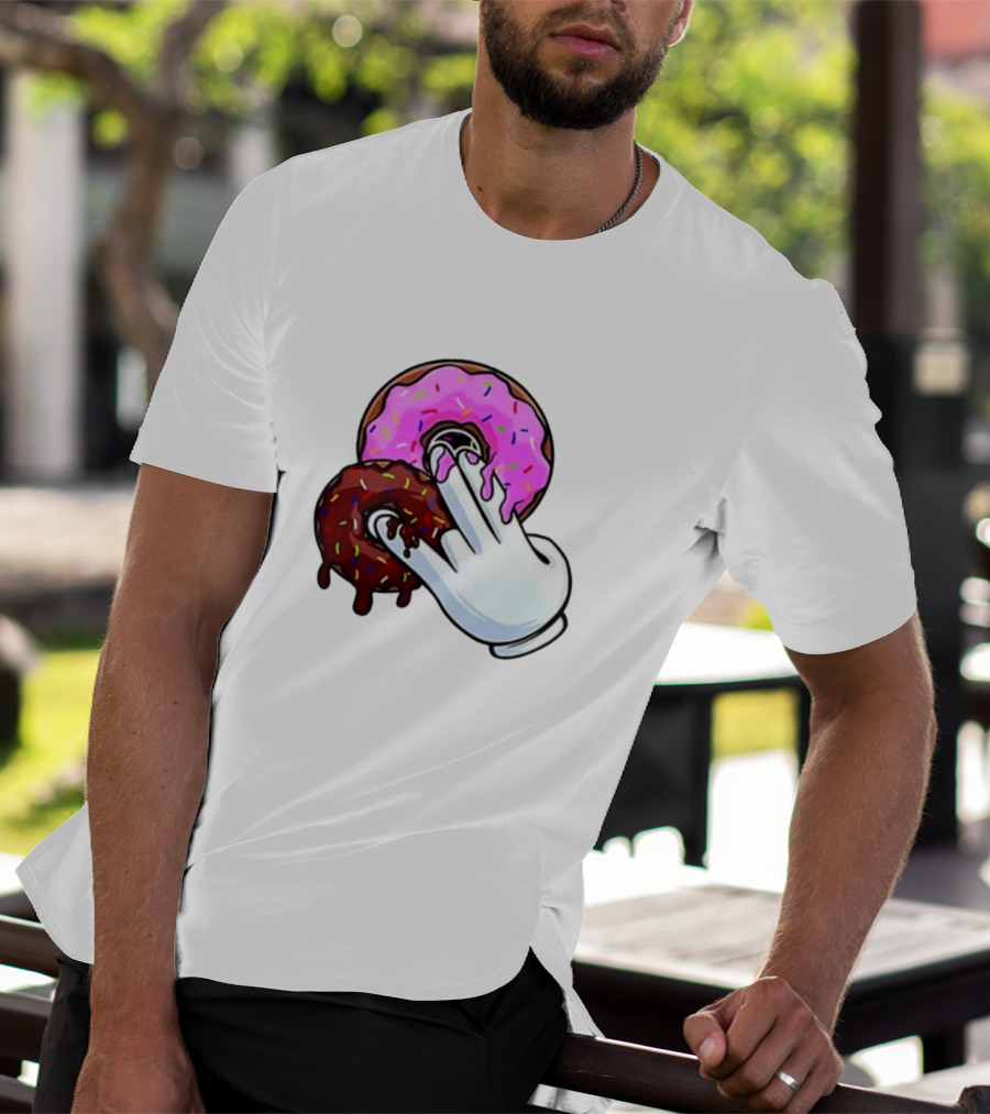 Funnyahhtees Pink And Brown Donuts With Cartoon Glove Hand T-Shirt