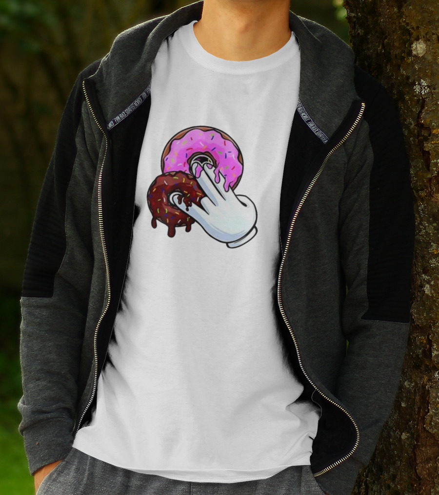 Funnyahhtees Pink And Brown Donuts With Cartoon Glove Hand T-Shirt