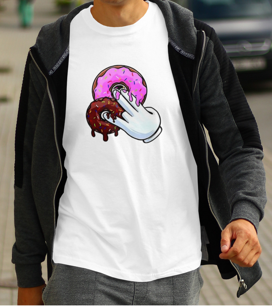 Funnyahhtees Pink And Brown Donuts With Cartoon Glove Hand T-Shirt
