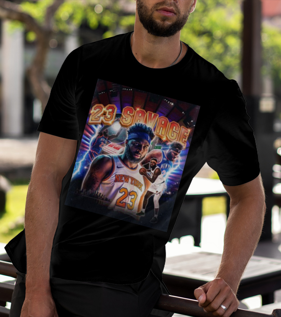 New York Knicks 23 Savage Mitchell Robinson Stadium Lightning Background T-Shirt