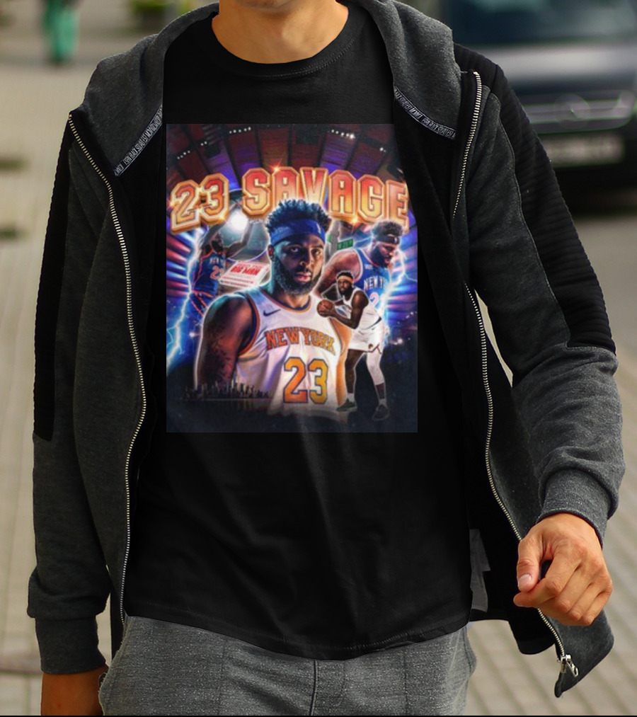 New York Knicks 23 Savage Mitchell Robinson Stadium Lightning Background T-Shirt