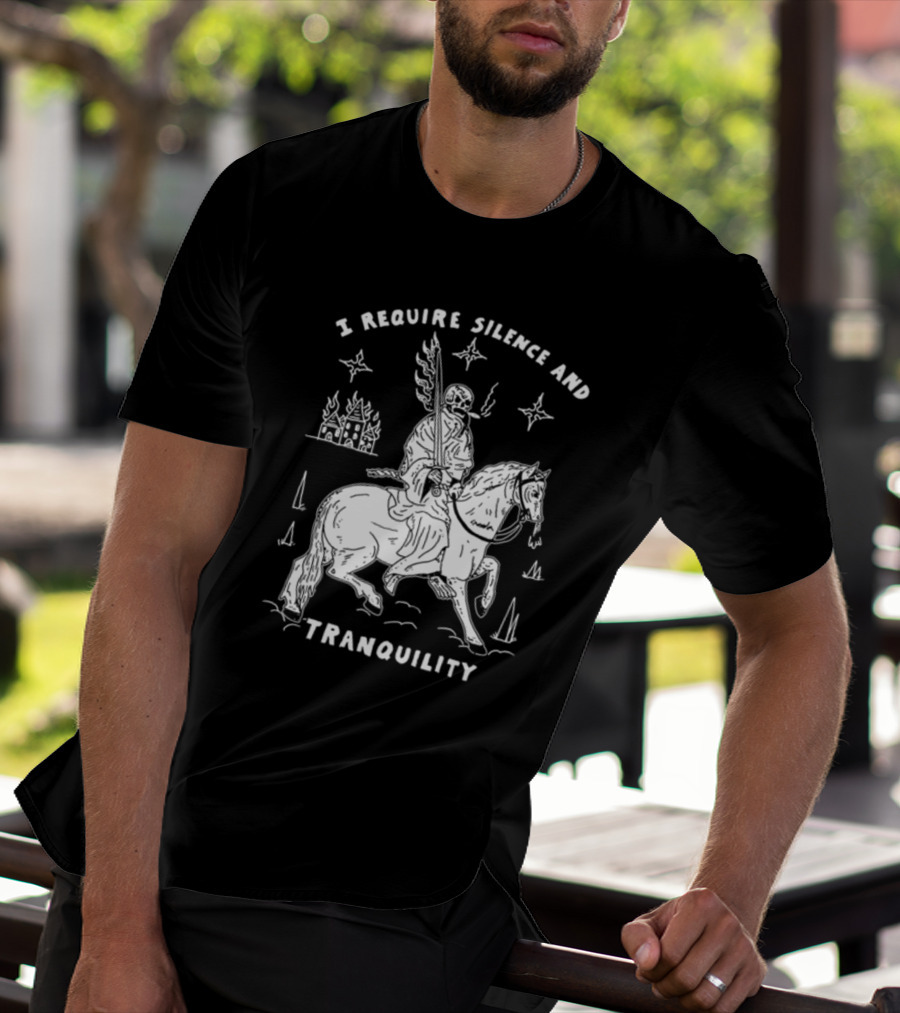 I Require Silence And Tranquility Grim Reaper On Horse With Burning Castle And Stars T-Shirt
