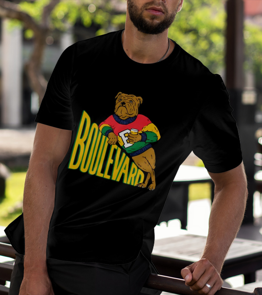 Boulevard Bully Dog In Colorful Sweater Holding Drink T-Shirt