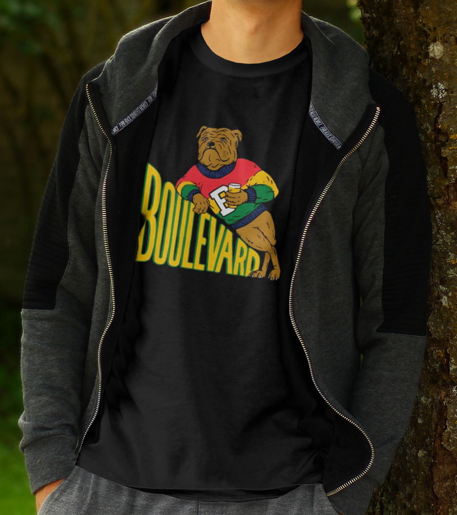 Boulevard Bully Dog In Colorful Sweater Holding Drink T-Shirt