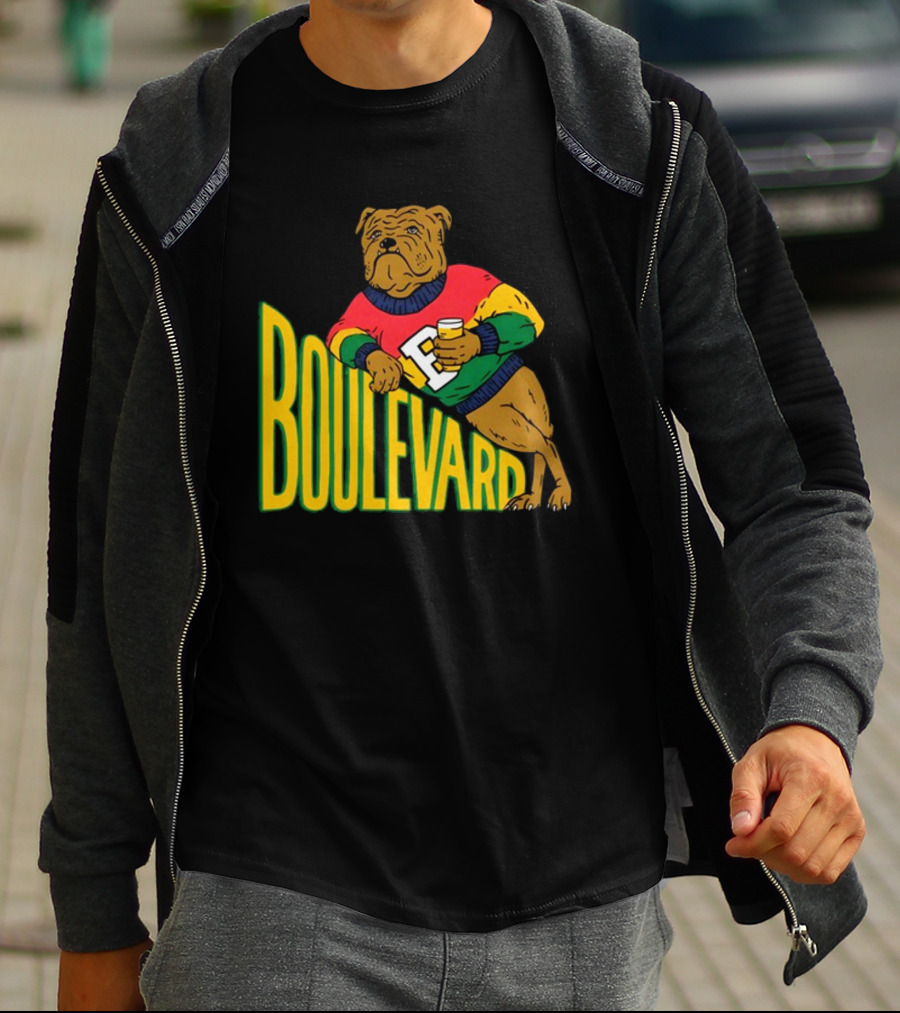 Boulevard Bully Dog In Colorful Sweater Holding Drink T-Shirt