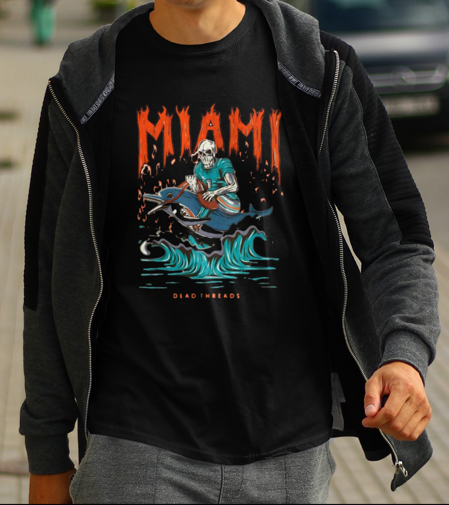 MIAMI Dead Threads Skeleton Surfer On Dolphin Football Adventure T-Shirt