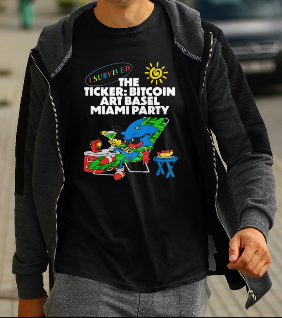 I Survived The Ticker Bitcoin Art Basel Miami Party Lounge Character Sun Cocktail T-Shirt