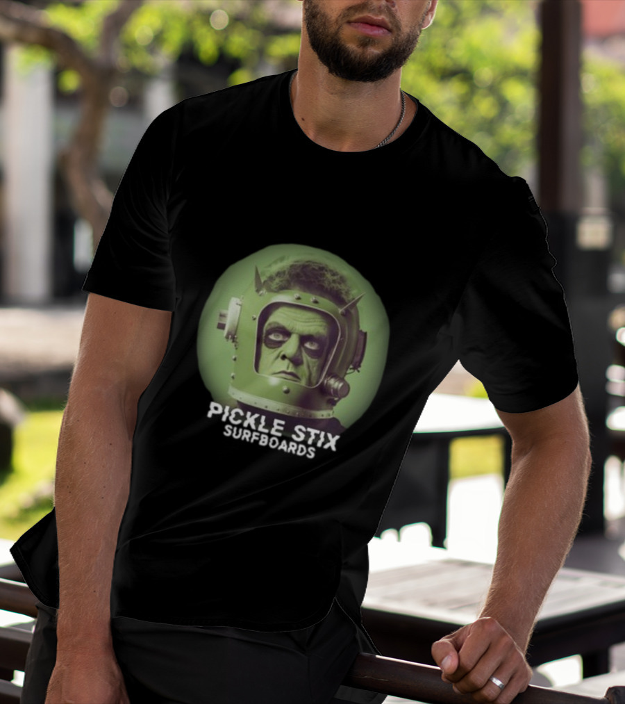 PICKLE STIX SURFBOARDS SPACEMAN HELMET GREEN BACKGROUND T-Shirt