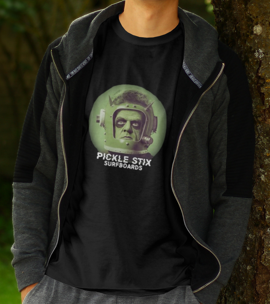 PICKLE STIX SURFBOARDS SPACEMAN HELMET GREEN BACKGROUND T-Shirt