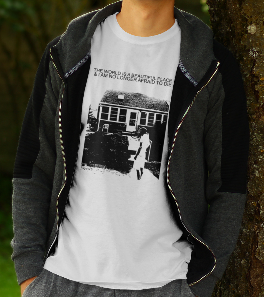 The World Is A Beautiful Place And I Am No Longer Afraid To Die Chair And Figure In Front Of House T-Shirt