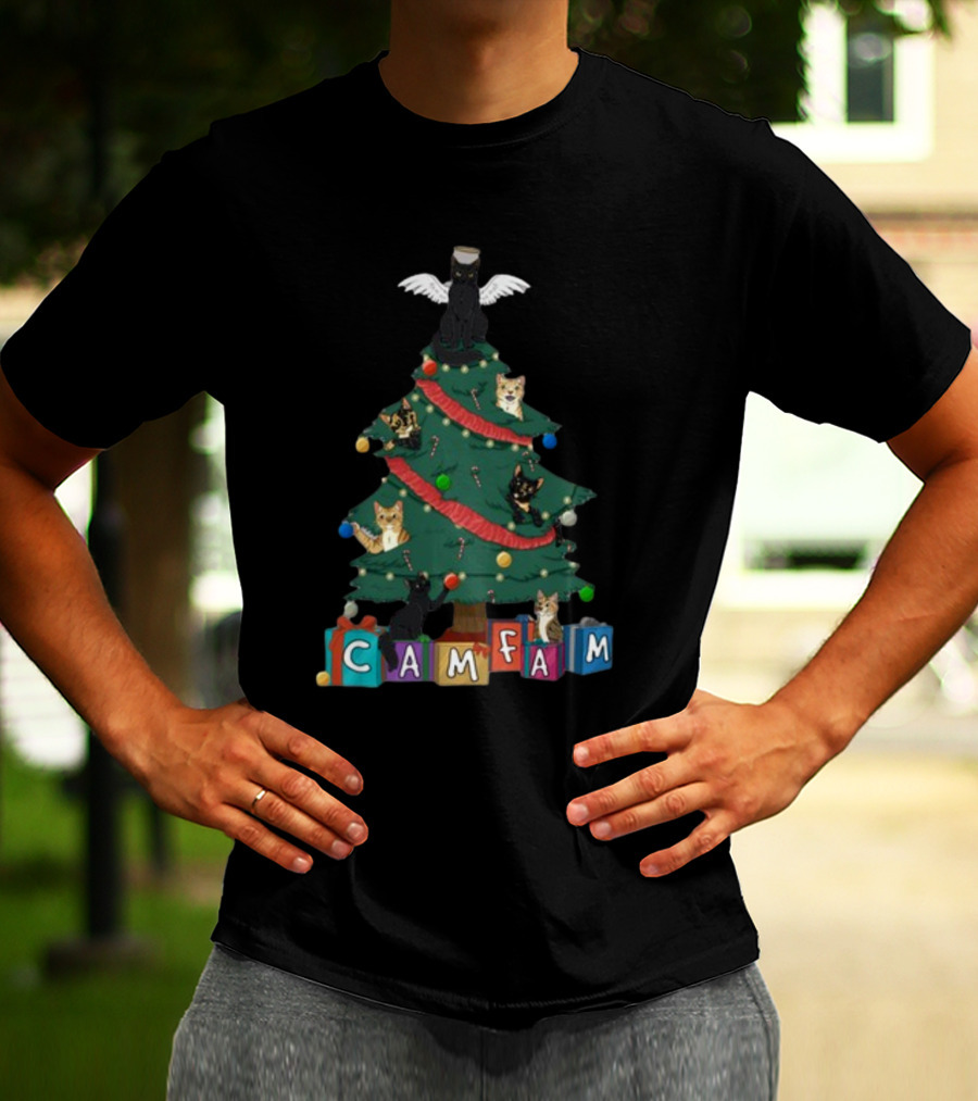 Cam Fam Christmas Cats On Festive Tree With Presents T-Shirt