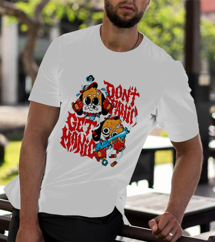 Don't Panic Get Manic Cartoon Characters With Colorful Styling And Playful T-Shirt