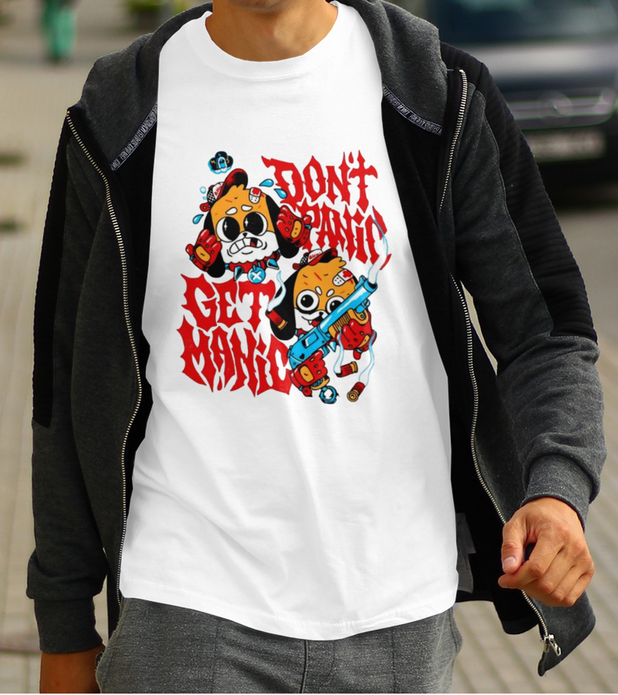 Don't Panic Get Manic Cartoon Characters With Colorful Styling And Playful T-Shirt