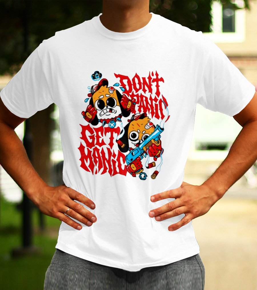 Don't Panic Get Manic Cartoon Characters With Colorful Styling And Playful T-Shirt