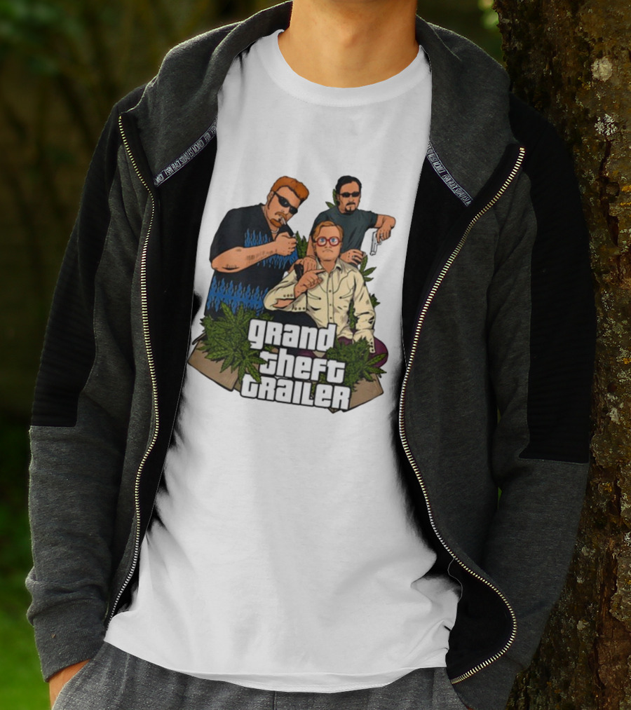 Grand Theft Trailer Cannabis Comedy Trio With Sunglasses And Pistol T-Shirt