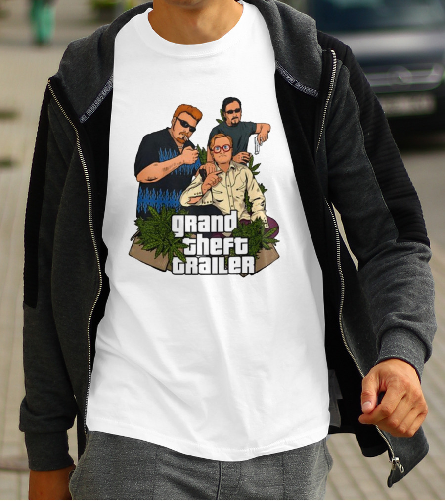 Grand Theft Trailer Cannabis Comedy Trio With Sunglasses And Pistol T-Shirt