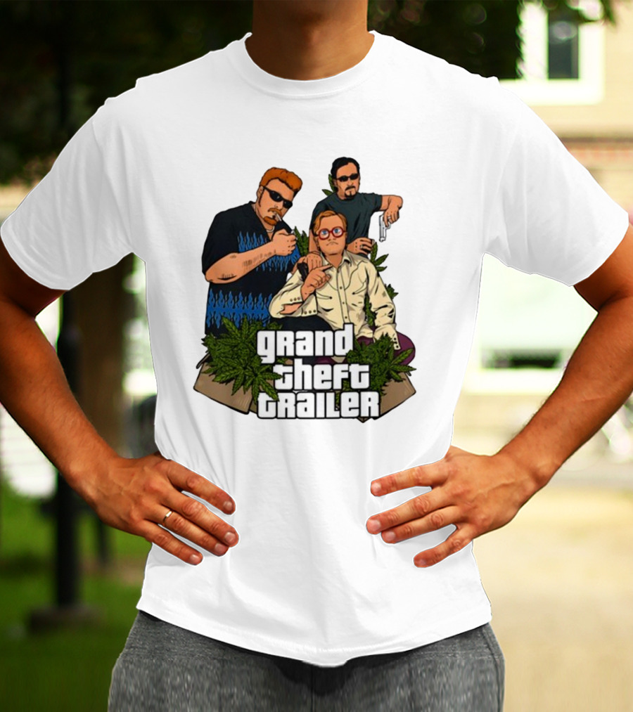 Grand Theft Trailer Cannabis Comedy Trio With Sunglasses And Pistol T-Shirt