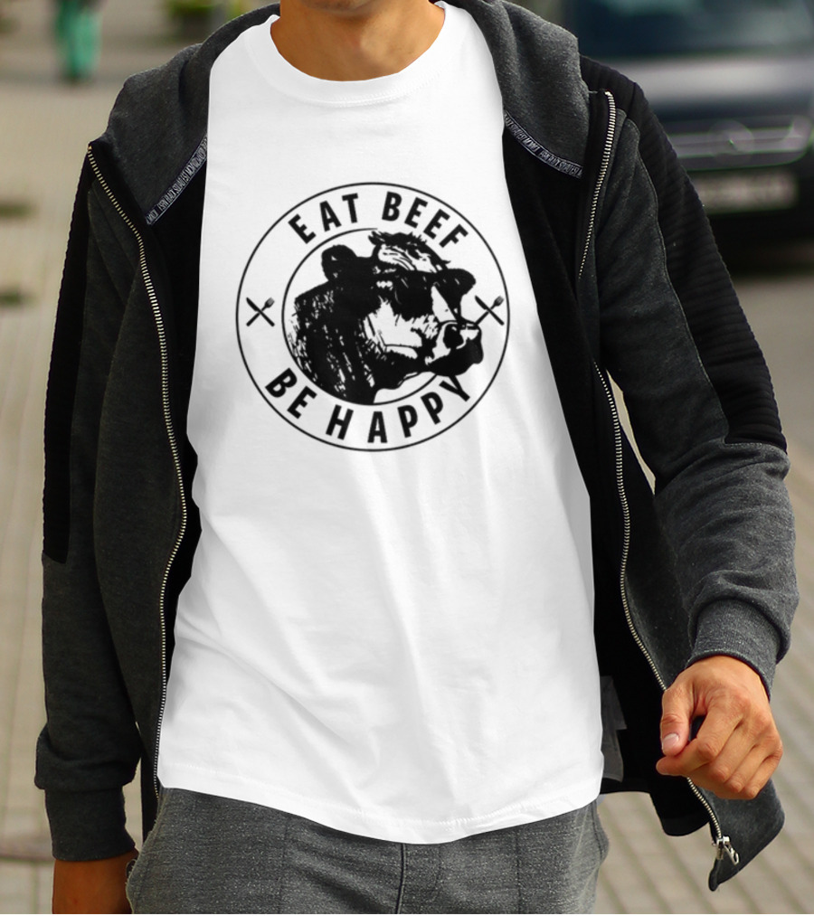 Dr Shawn Baker Eat Beef Be Happy Cow Illustration With Crossed Utensils T-Shirt