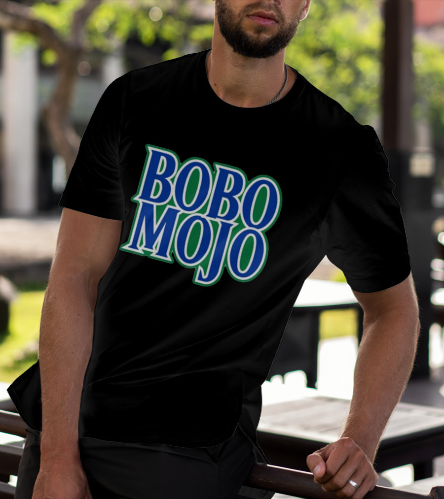 BOBO MOJO Retro Bold Blue And Green Text T-Shirt