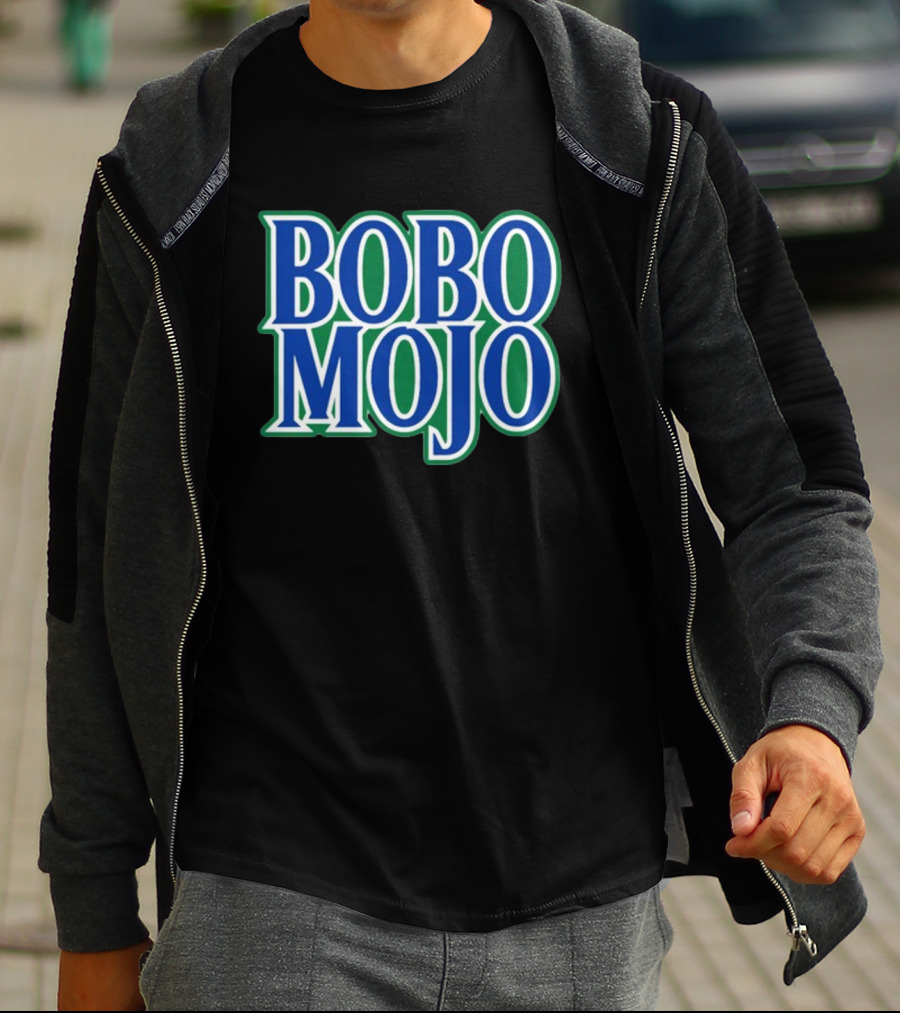 BOBO MOJO Retro Bold Blue And Green Text T-Shirt