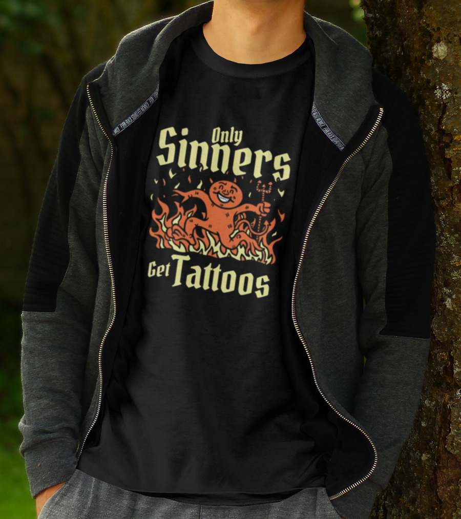 Gotfunny Only Sinners Get Tattoos Gingerbread Devil In Flames T-Shirt