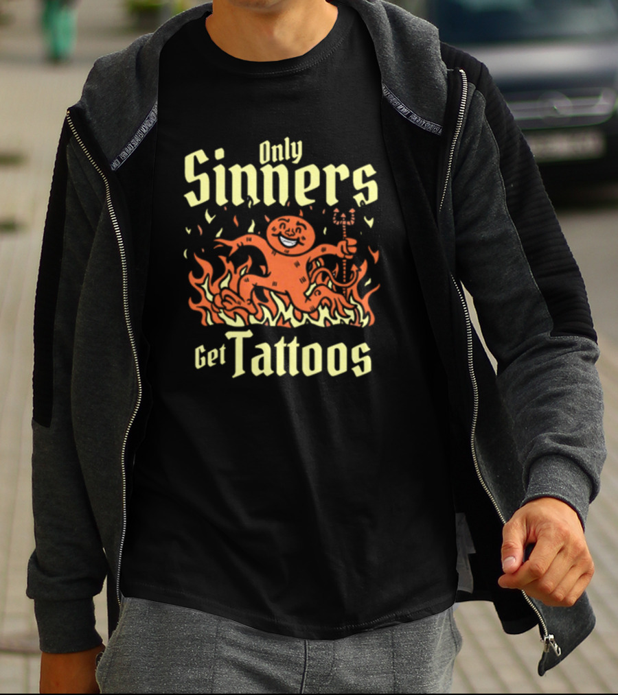 Gotfunny Only Sinners Get Tattoos Gingerbread Devil In Flames T-Shirt
