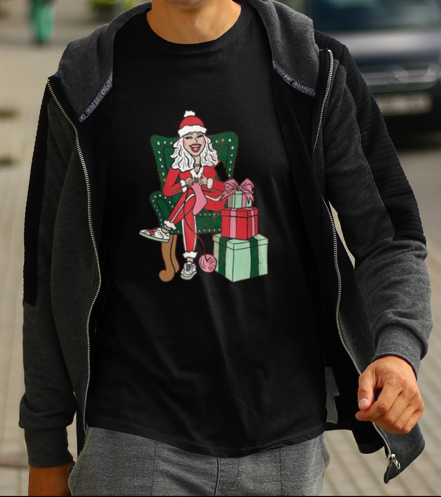 Fleece Navidad Merry Christmas Santa Woman Knitting Presents T-Shirt