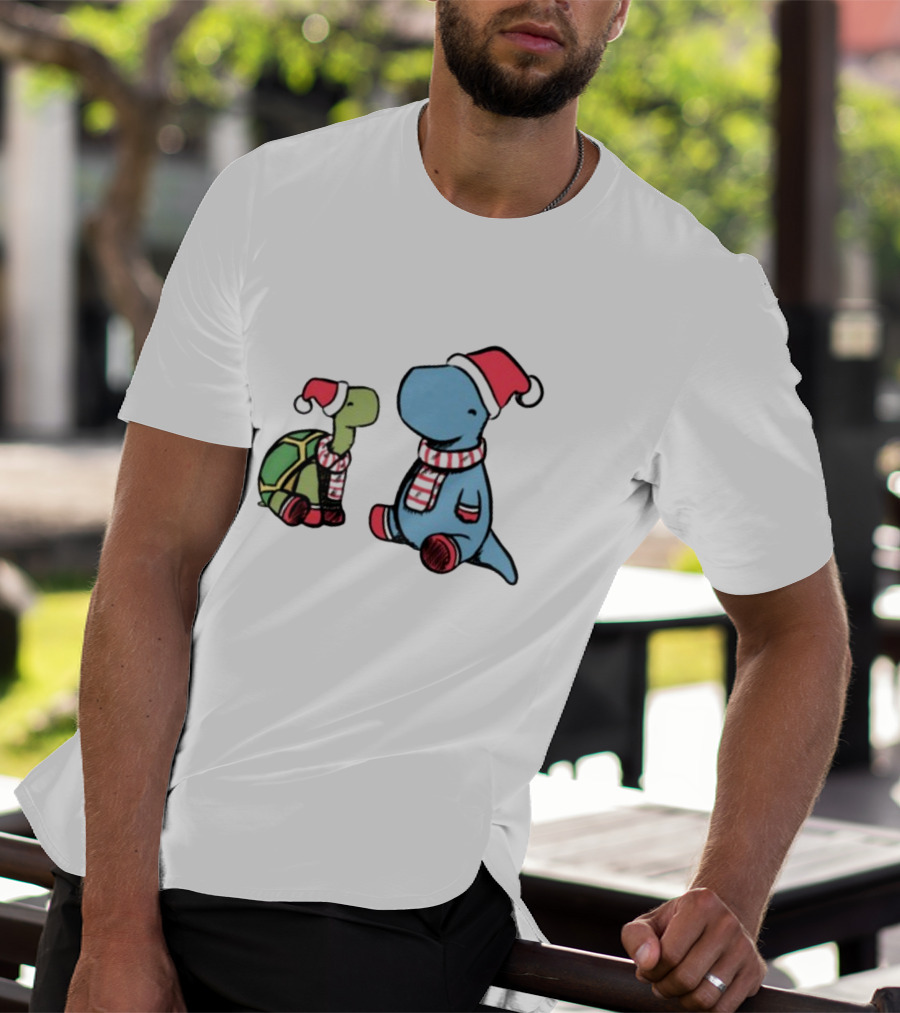 Christmas Tortoise And Dino Santa Hats And Scarves T-Shirt