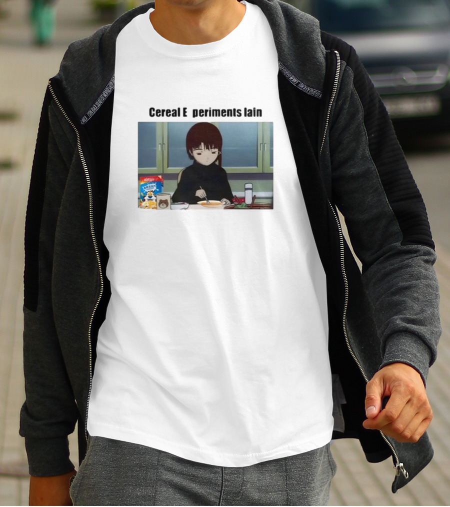 Cereal Experiments Lain Goofyahhtees Breakfast Scene With Cartoon Cereal Box T-Shirt