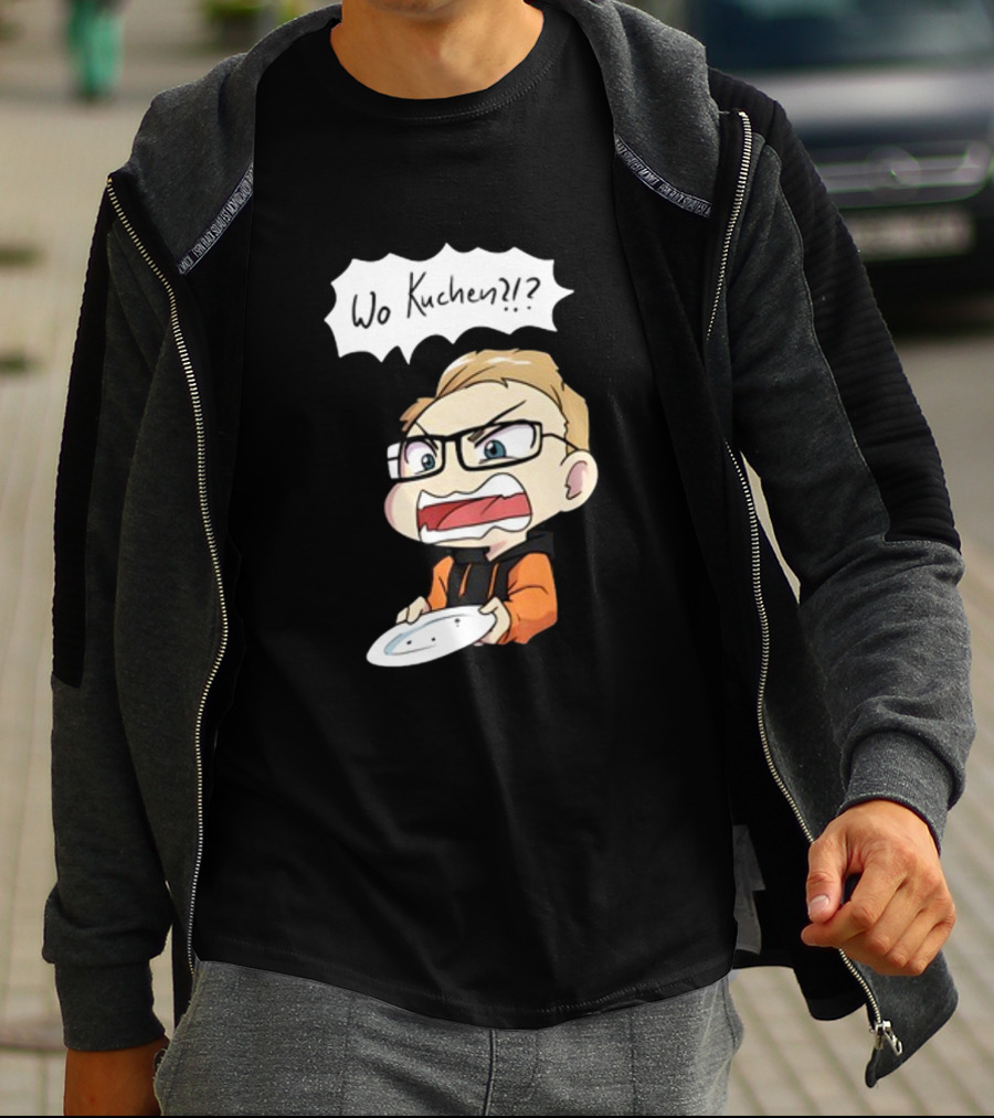Wo Kuchen?? Comic Character Holding Empty Plate T-Shirt