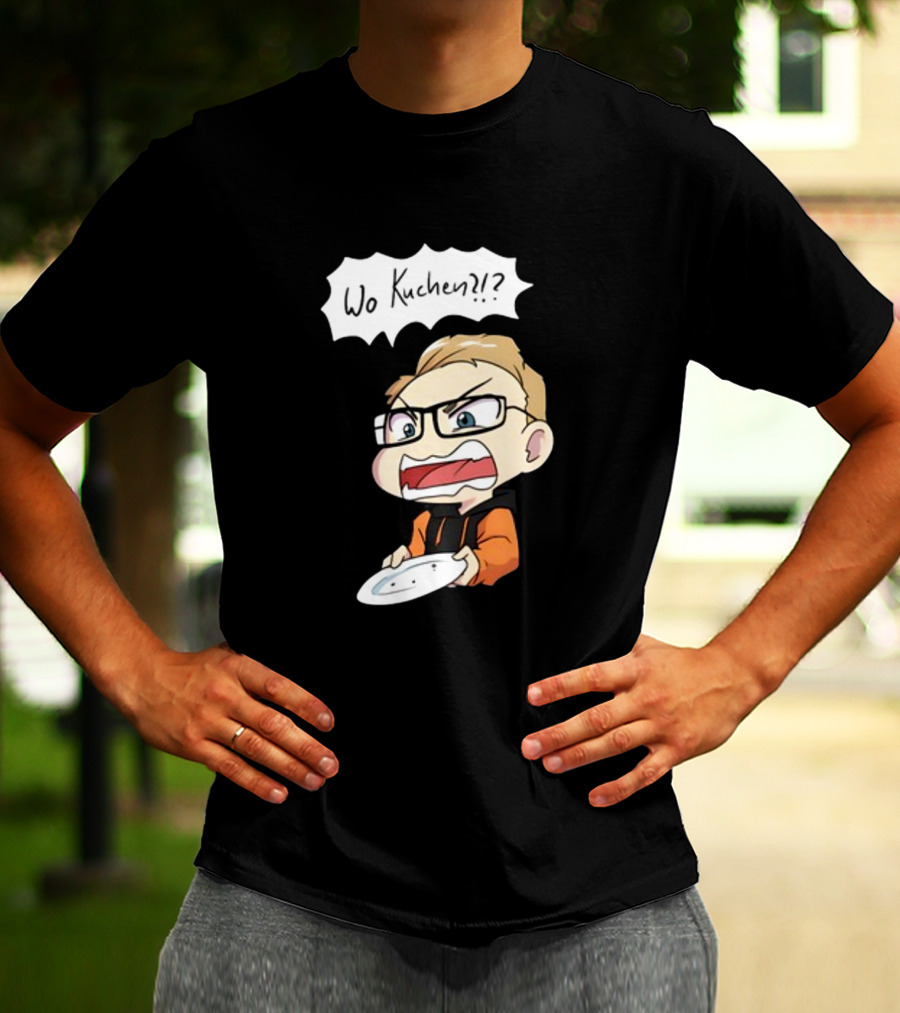 Wo Kuchen?? Comic Character Holding Empty Plate T-Shirt