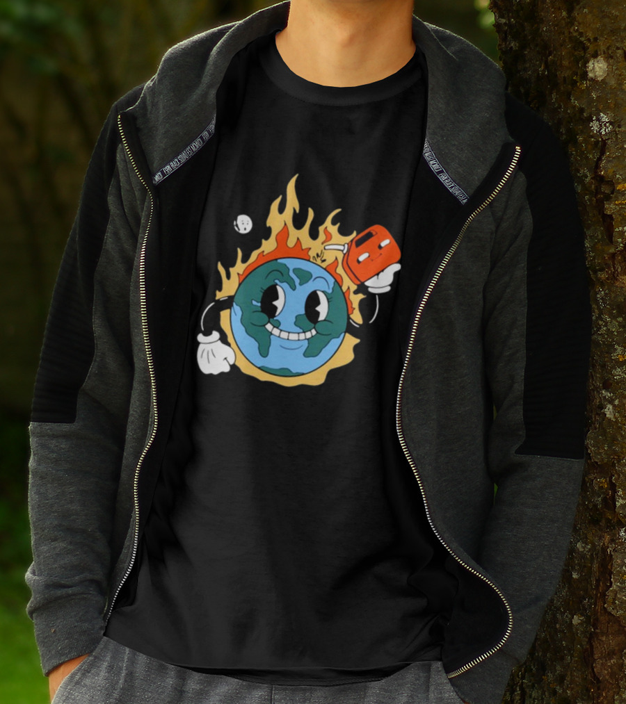 World On Fire Earth Cartoon Holding Gas Can Burning T-Shirt