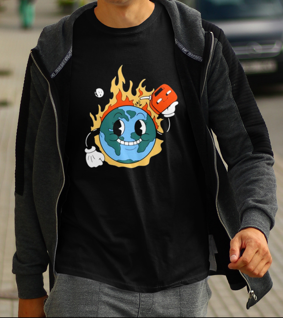 World On Fire Earth Cartoon Holding Gas Can Burning T-Shirt