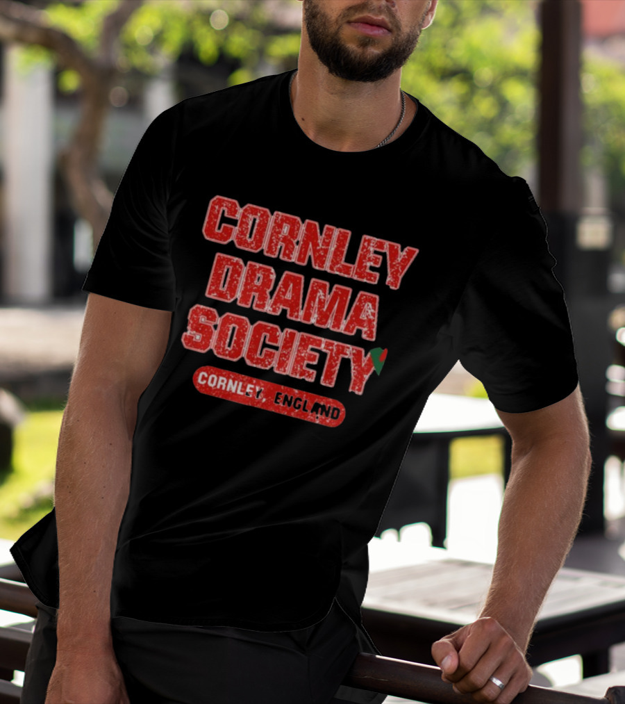 Cornley Drama Society England Red Distressed Text With Holly Leaf T-Shirt
